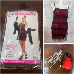 Goddessey Women’s Large 5th Avenue Flapper Red Black Costume Halloween w/ etras